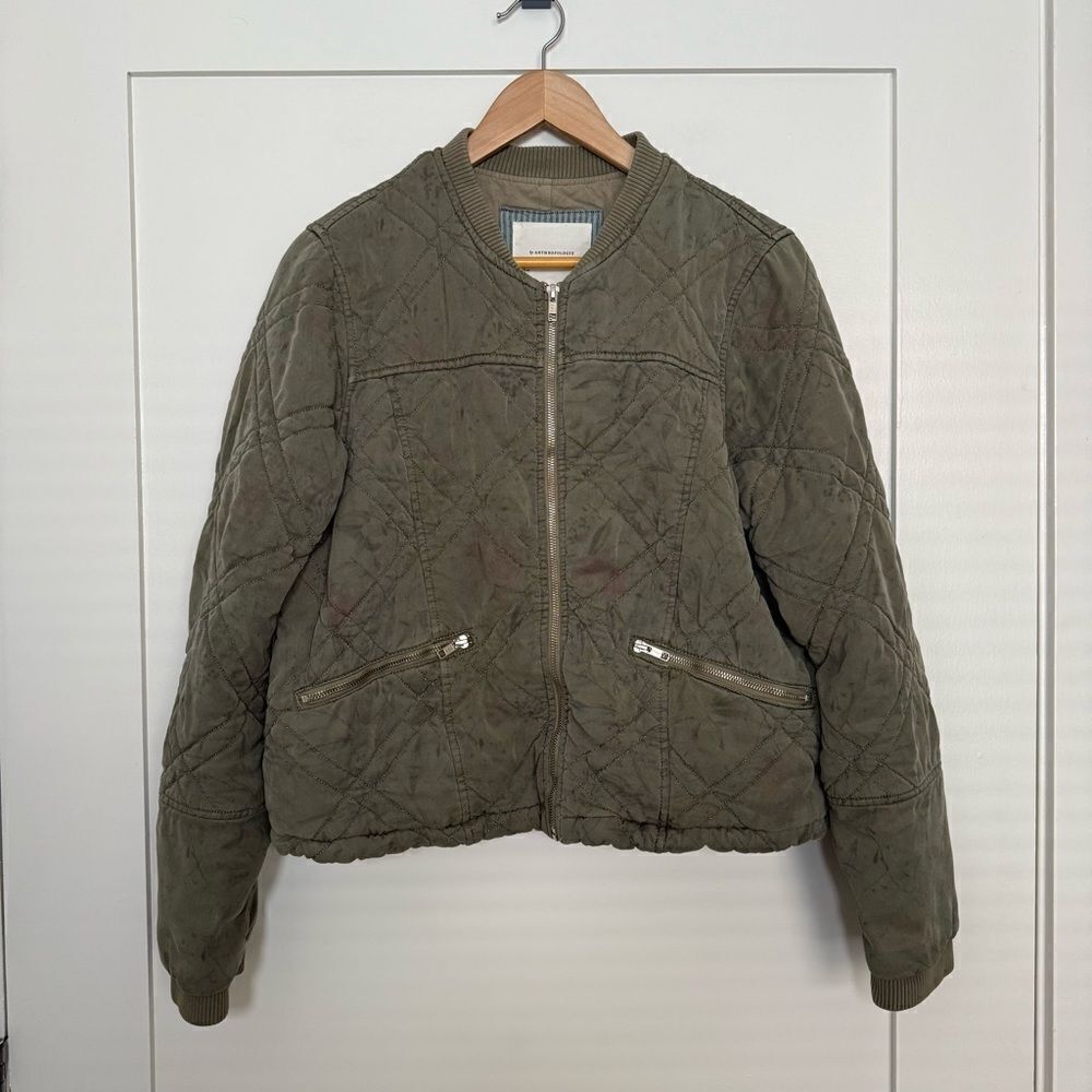 Anthropologie Bomber Jacket Womens Size L Olive Green Floral Full Zip Lyocell